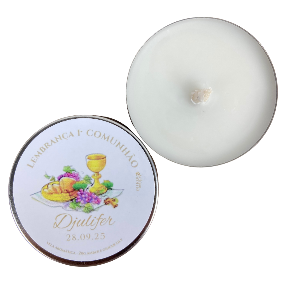 Vela Aromática Lata 20g - Personalizada Primeira Comunhão